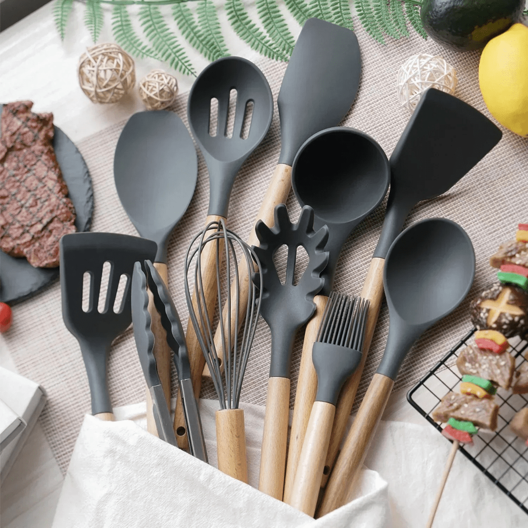 SET 12PCS UTENSILIOS DE COCINA SILICONA ANTIADHERENTE