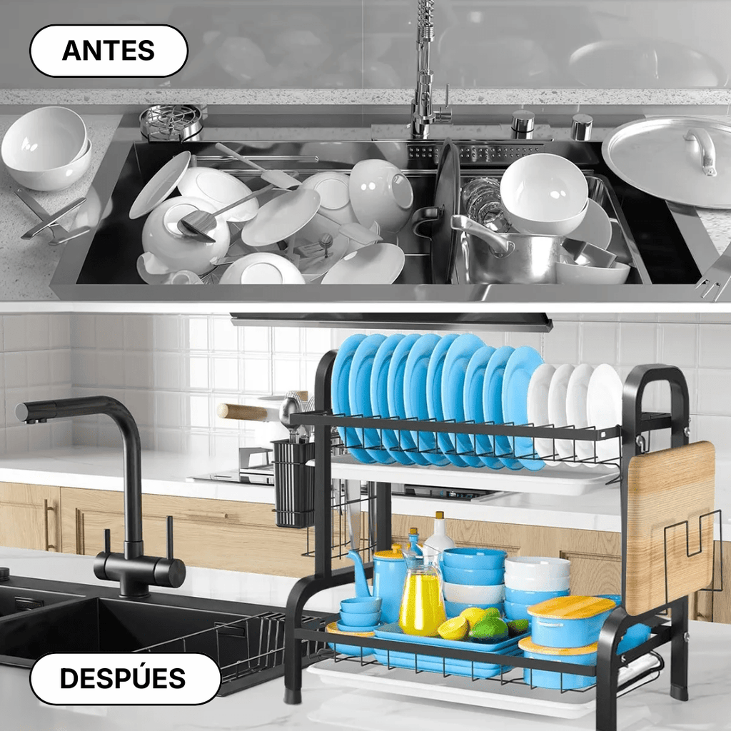 RACK ESCURRIDOR ORGANIZADOR SECADOR DE PLATOS 2 NIVELES NEGRO - RACKING