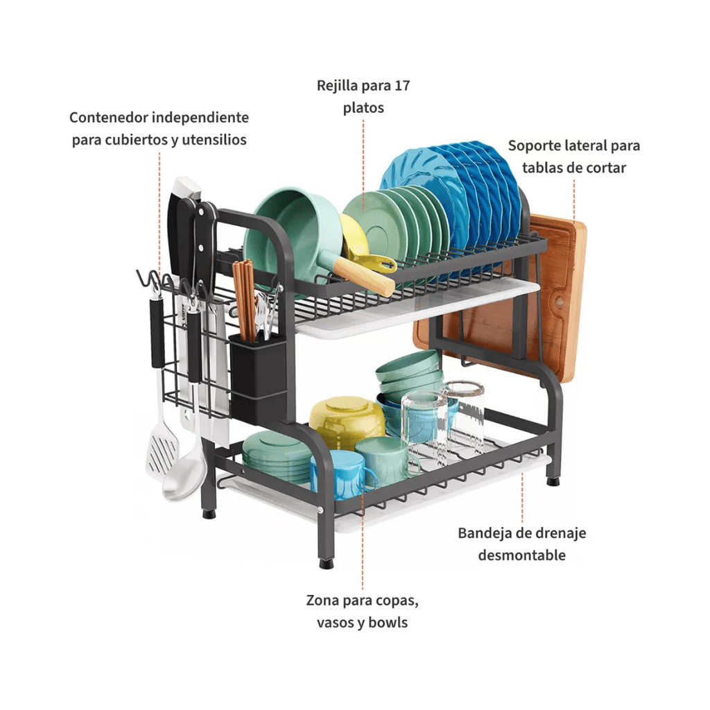 RACK ESCURRIDOR ORGANIZADOR SECADOR DE PLATOS 2 NIVELES NEGRO - RACKING