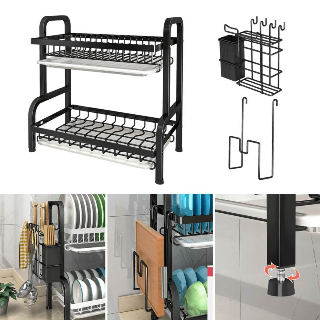 RACK ESCURRIDOR ORGANIZADOR SECADOR DE PLATOS 2 NIVELES NEGRO - RACKING