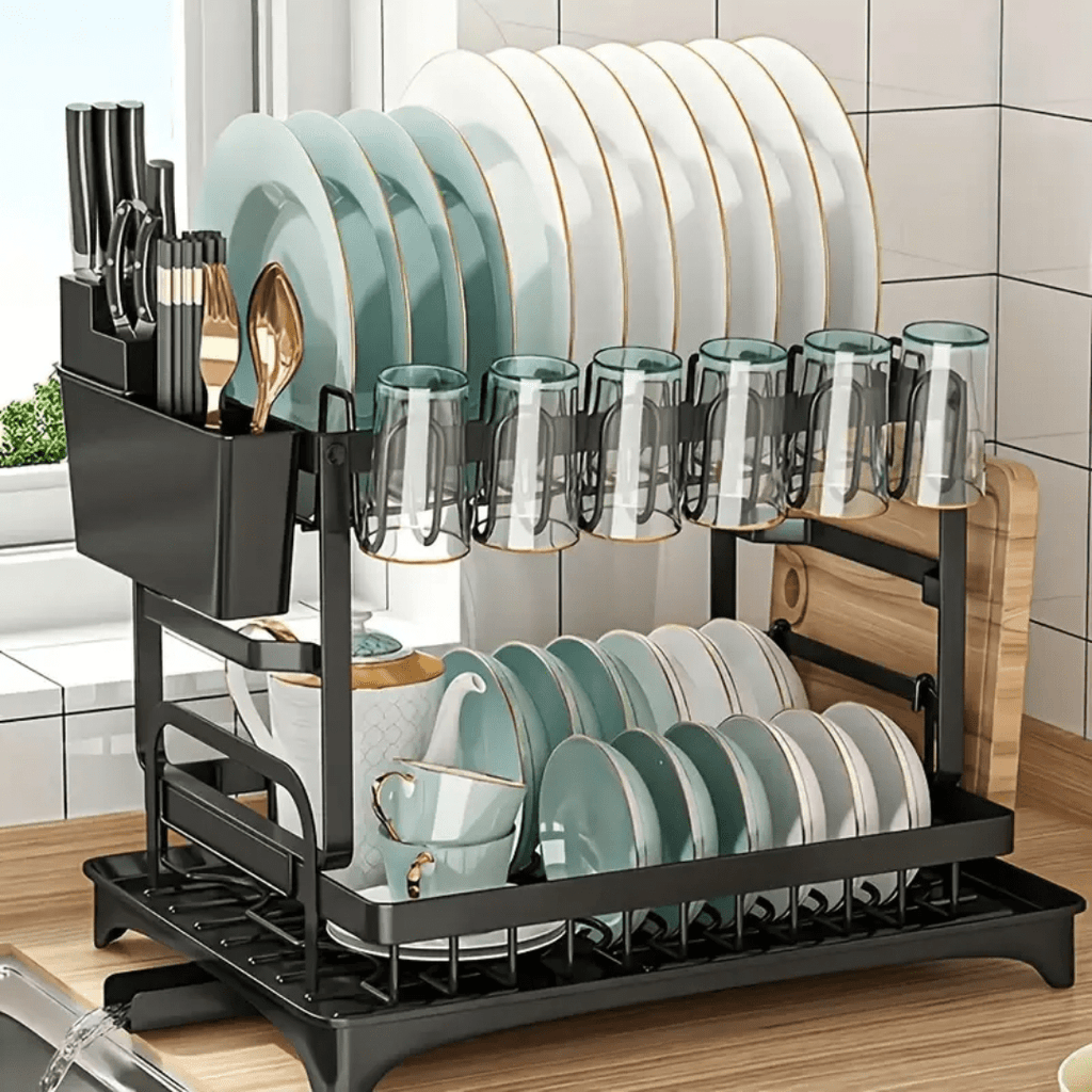 RACK ESCURRIDOR ORGANIZADOR SECADOR DE PLATOS 2 NIVELES NEGRO - DRYFLOW