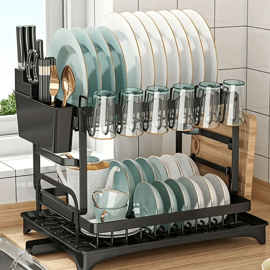 RACK ESCURRIDOR ORGANIZADOR SECADOR DE PLATOS 2 NIVELES NEGRO - DRYFLOW