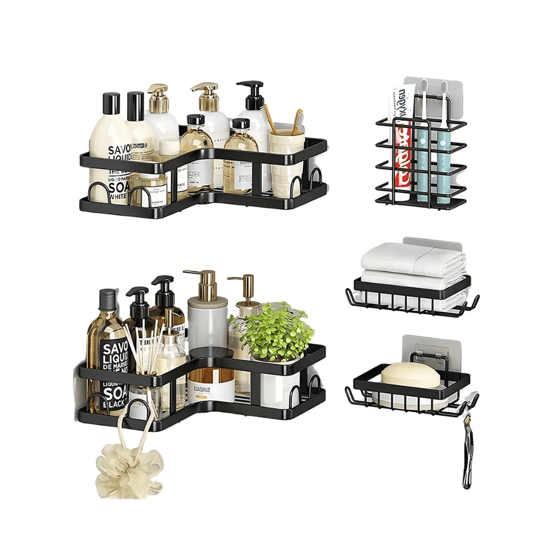 SET 5 PIEZAS EQUINERO ORGANIZADOR DUCHA BAÑO ADHESIVO NEGRO - CLEANBATH