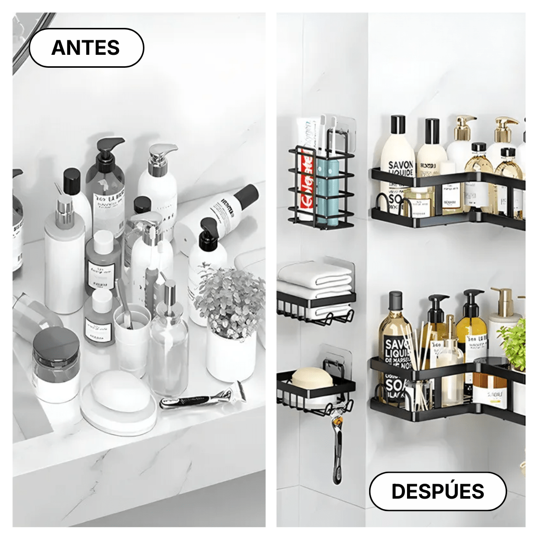 SET 5 PIEZAS EQUINERO ORGANIZADOR DUCHA BAÑO ADHESIVO NEGRO - CLEANBATH