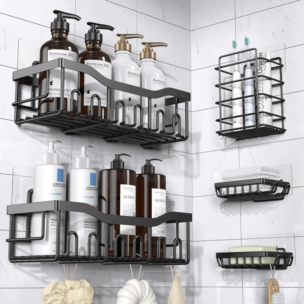 SET 5 PIEZAS EQUINERO ORGANIZADOR DUCHA BAÑO ADHESIVO NEGRO - CLEANBATH