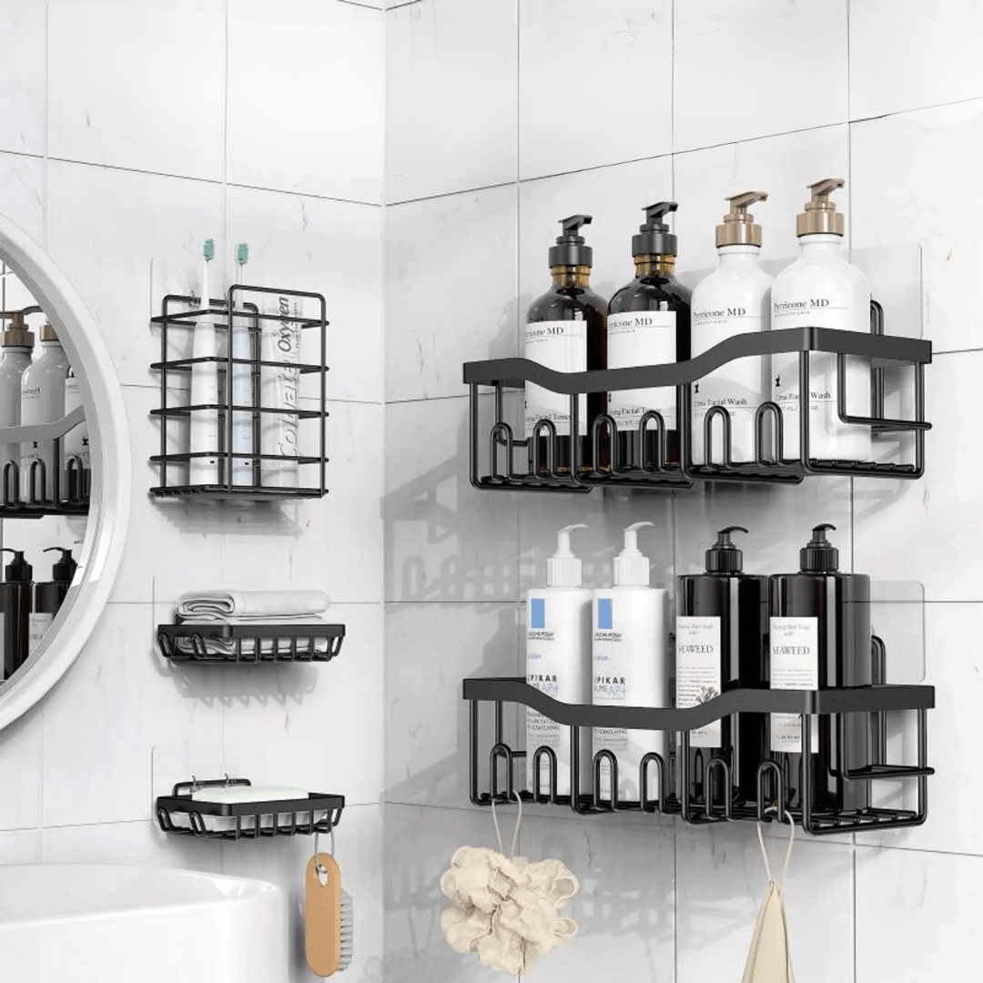 SET 5 PIEZAS EQUINERO ORGANIZADOR DUCHA BAÑO ADHESIVO NEGRO - CLEANBATH